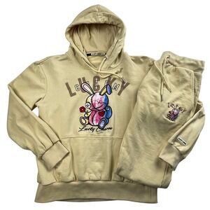 BKYS Lucky Charm Mens Small Embroidered Bunny Hoodie Sweatshirt Jogger Pants Set